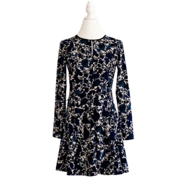 Simply Vera Wang Dress Blue Tan Floral A Line Long Sleeve Fit & Flare Size XS - Picture 1 of 14